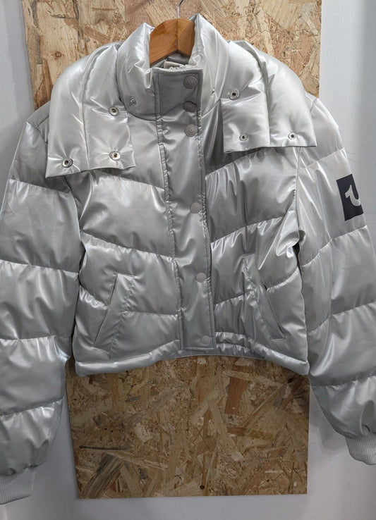 True Religion Puffer Jacket 2XS Women Medium Puffa Quilted Silver White