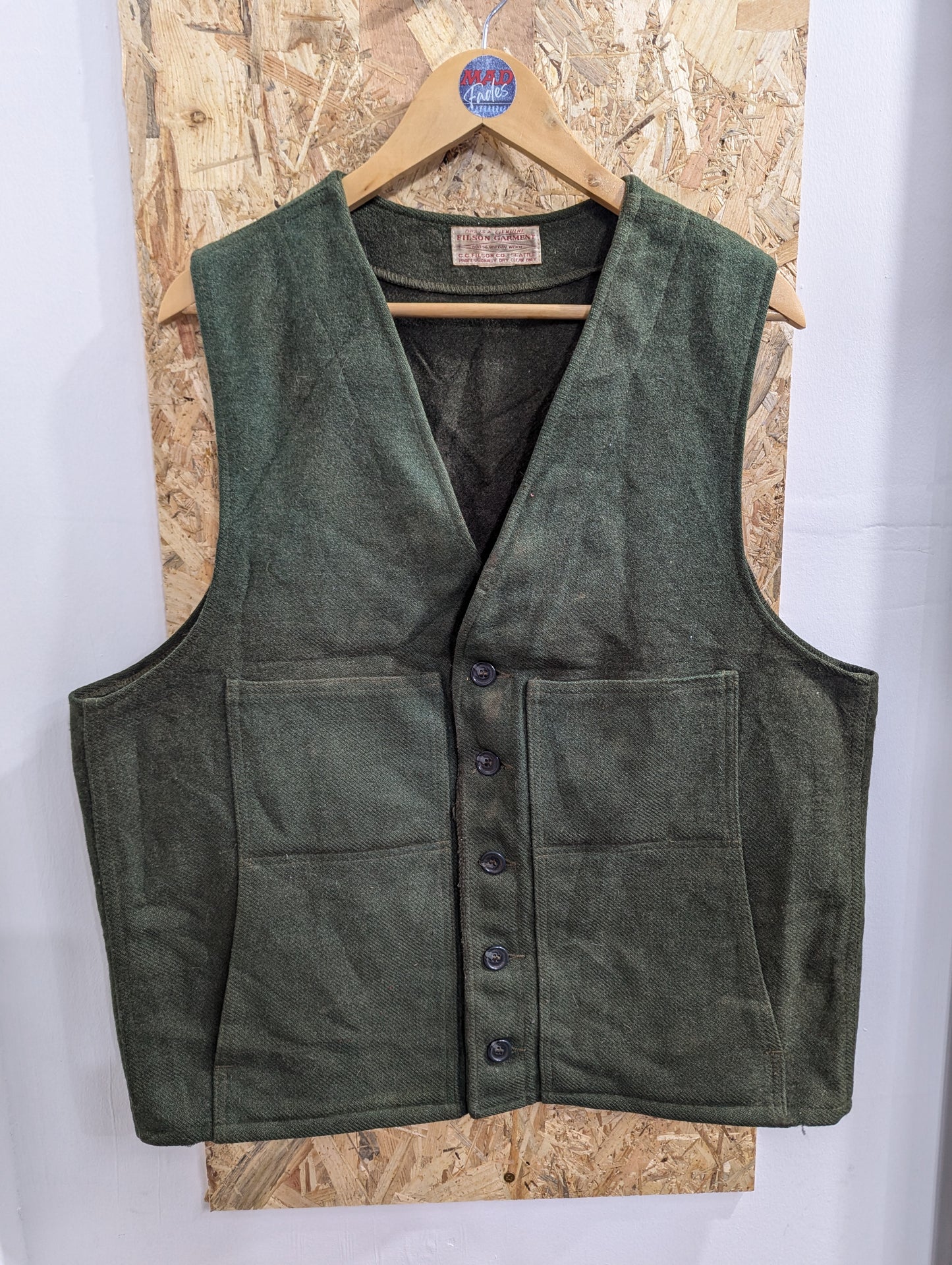 Filson Mackinaw Vest Green Wool Outdoor Vest Gilet Body Warmer Mens 44 XL