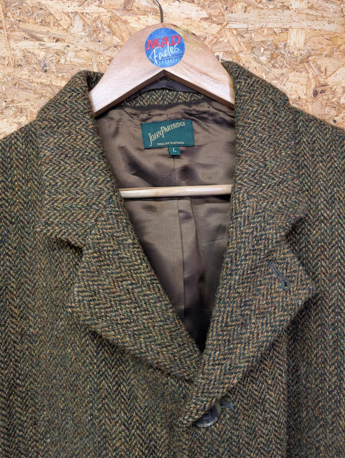 John Partridge Tweed Chore Jacket Mens Large Brown Green Island Wool Herringbone