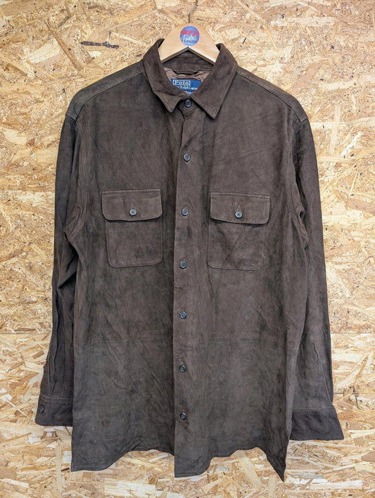 Polo Ralph Lauren Leather Shirt Large Men Button-Up Brown Suede Vintage 90s