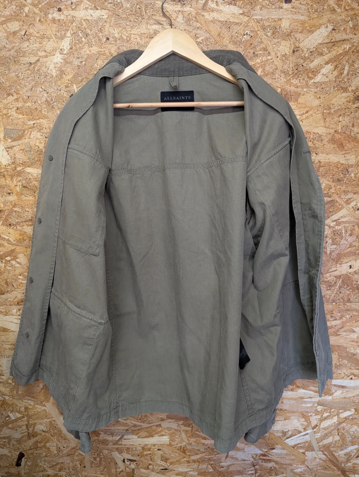 All saints Shirt Chore Jacket Mens Large Olive Green Cotton Ribbed Cord Collar