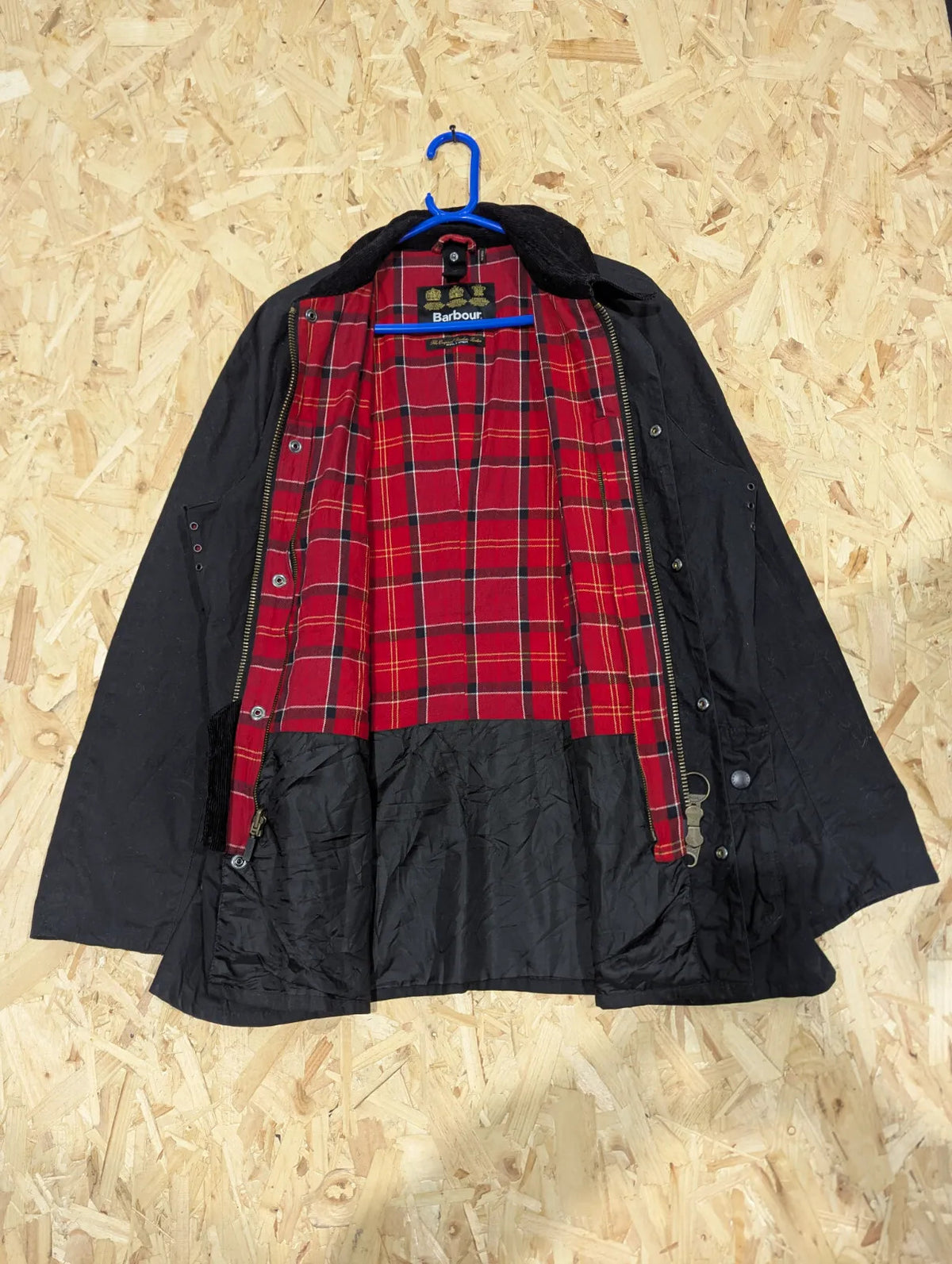 Barbour Ashby Wax Jacket Mens XL Black Cotton Red Check Liner Corduroy Collar