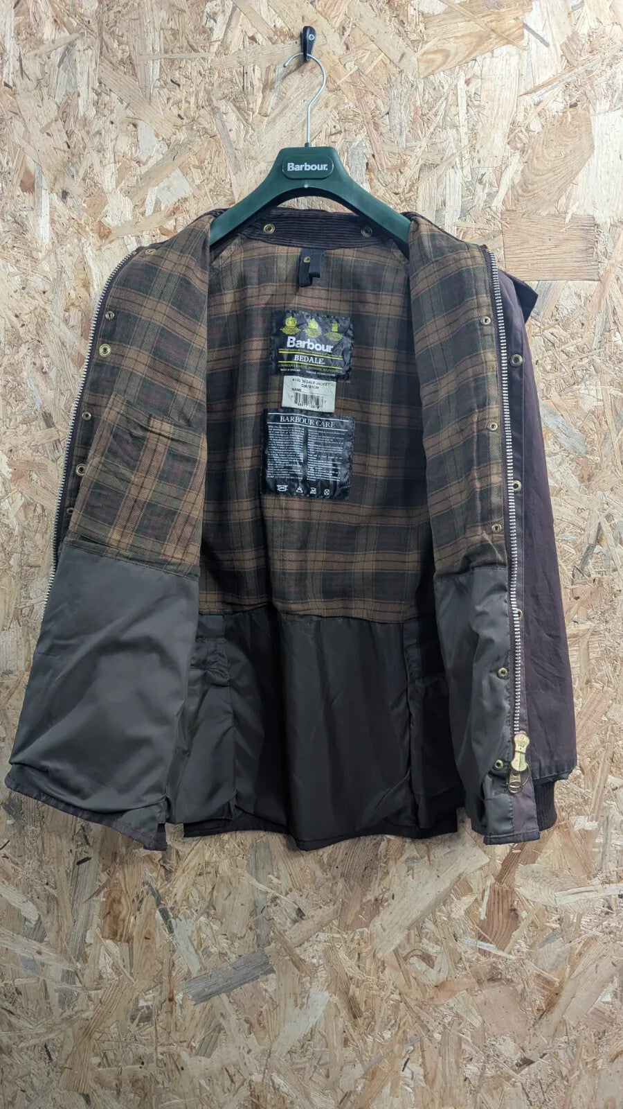 Barbour Bedale Wax Jacket Men Small C36 Rustic Brown Plaid Check Corduroy Collar