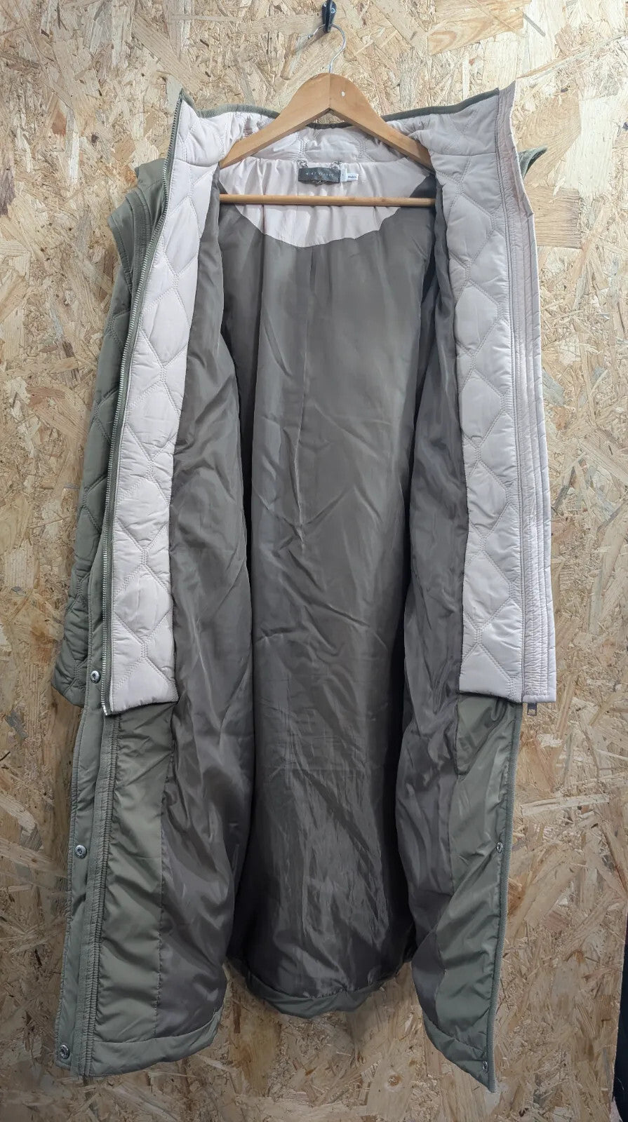 Mint Velvet Coat Womens Small Quilted Hooded Khaki Green Padded Parka 2-Layers