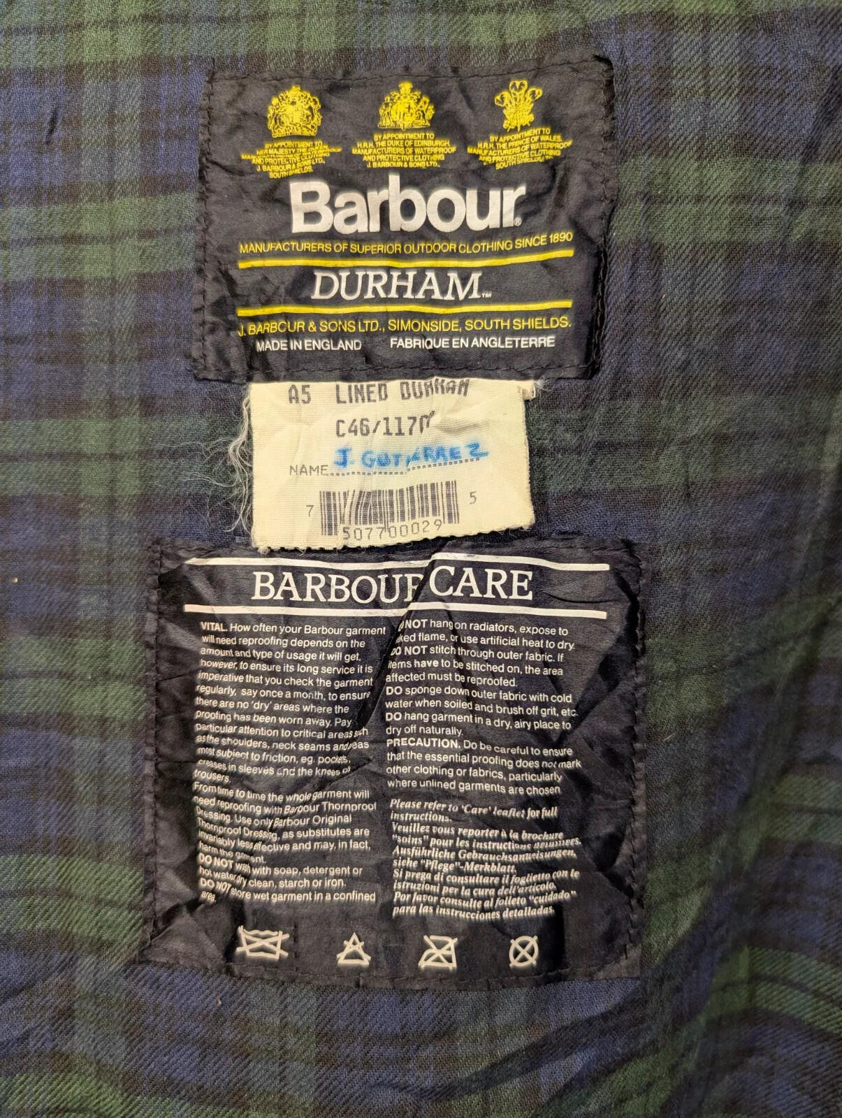 Vintage Barbour Durham A5 Hooded Jacket Mens C46 XXL Sage Green Cotton Zip 90s