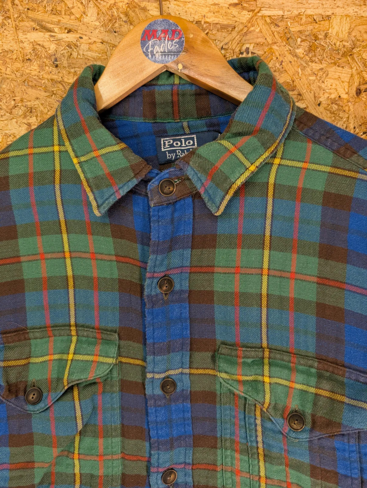 Vintage Ralph Lauren Lined Shirt Mens Large Green Blue Cotton Flannel Plaid 90s