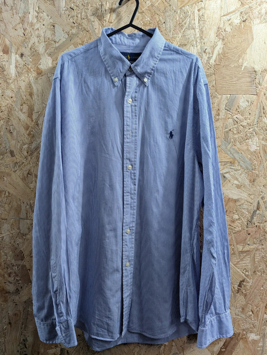 Polo Ralph Lauren Shirt Men Large Blue White Cotton Stretch Stripe Slim Button