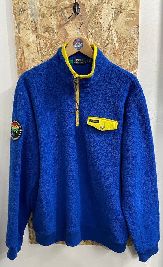 Ralph Lauren Polo Warm Fleece Pullover Jumper 1/4 Zip Blue Yellow Mens Large