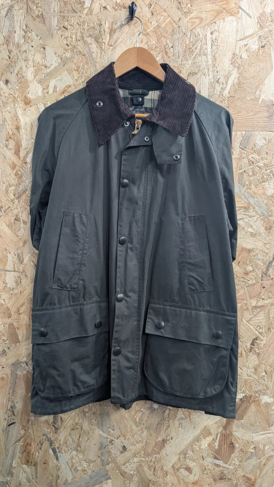 Barbour Bedale Wax Jacket Mens Medium C38 Dark Green Plaid Brown Corduroy Collar