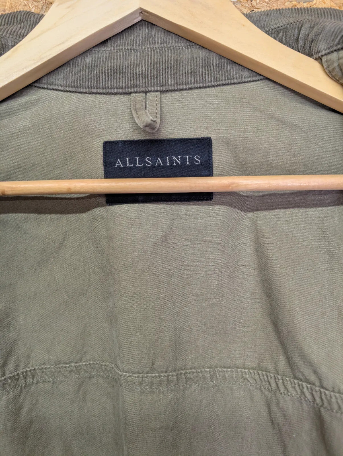 All saints Shirt Chore Jacket Mens Large Olive Green Cotton Ribbed Cord Collar