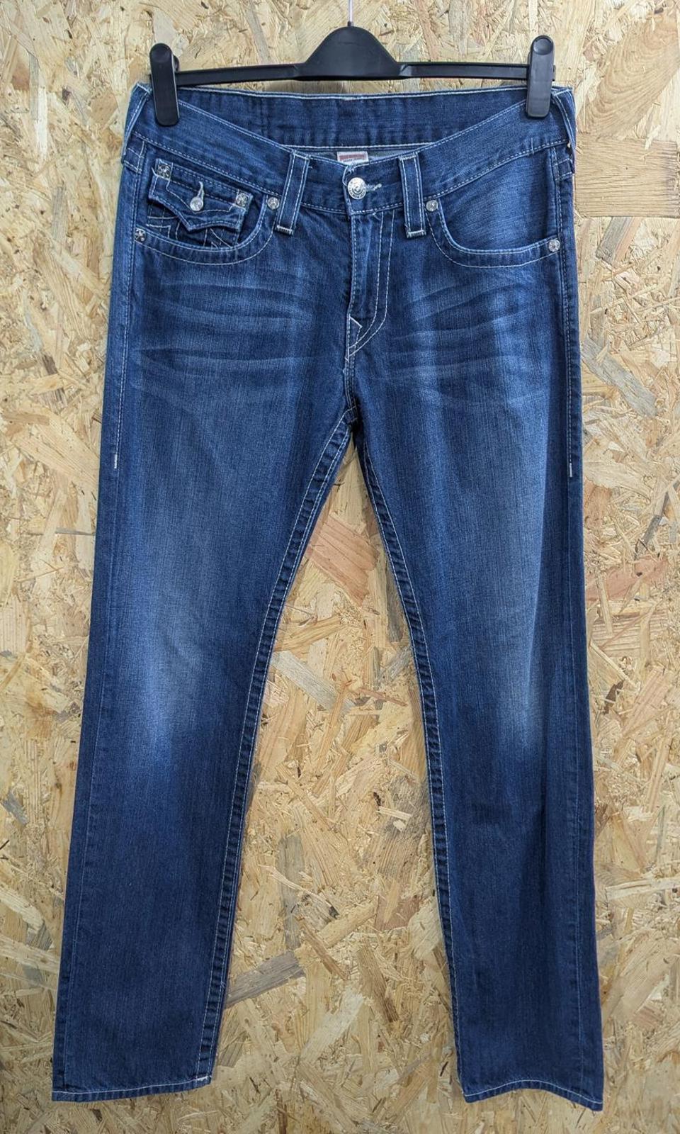 True Religion Jeans W32 L34 Men Skinny USA Made Navy Blue Denim Zip Fly Slim Fit