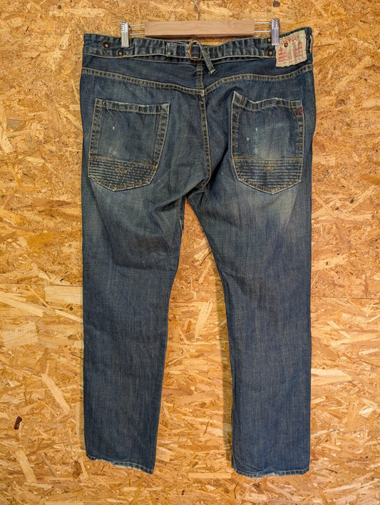 Replay Jeans Mens W38 L34 Dark Blue Wash Denim Distress Cinch Buckle Back Y2K