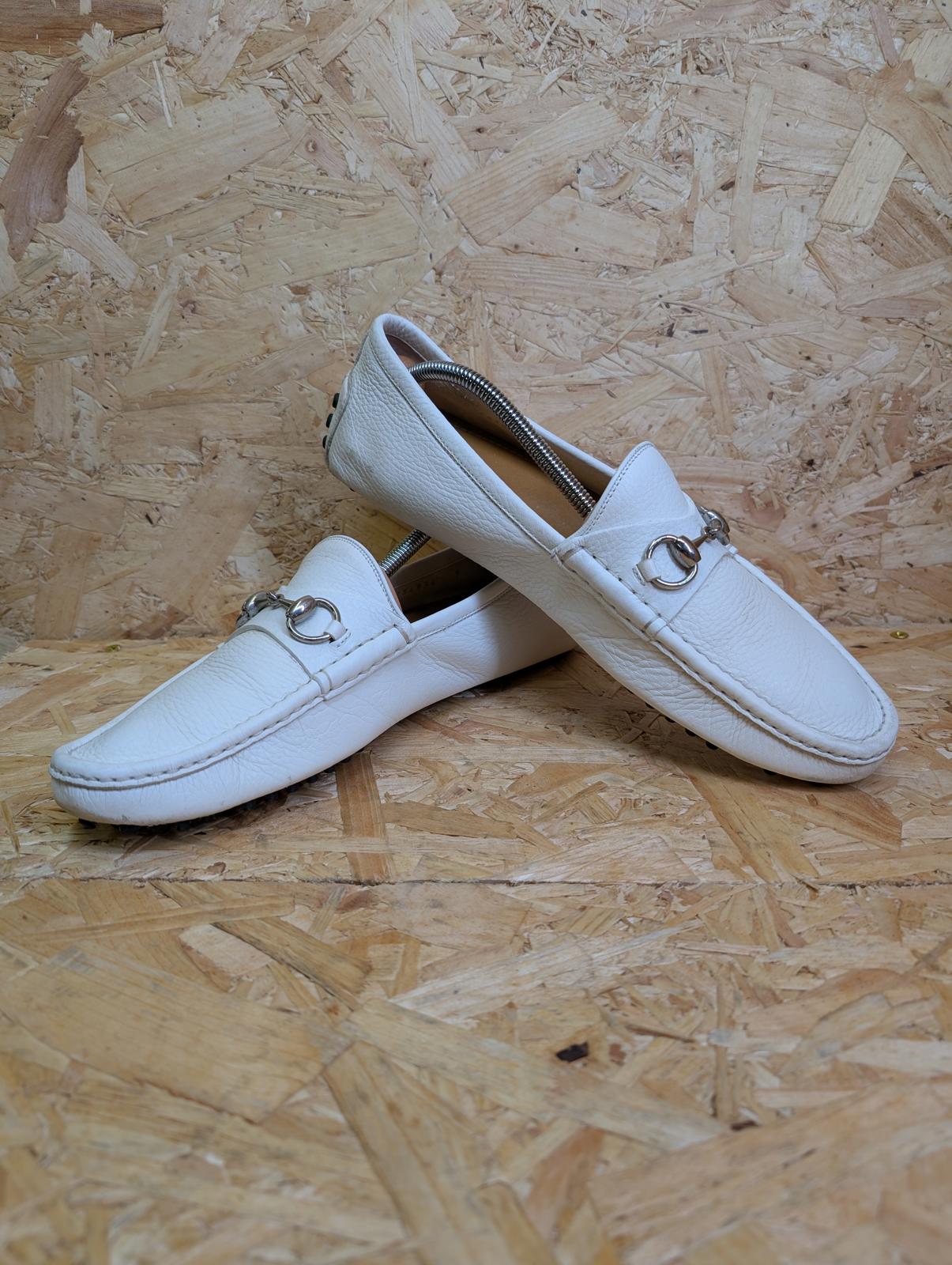 Gucci Loafers Mens 9 UK 43 EU White Full Grain Leather Driving Shoes Buckle