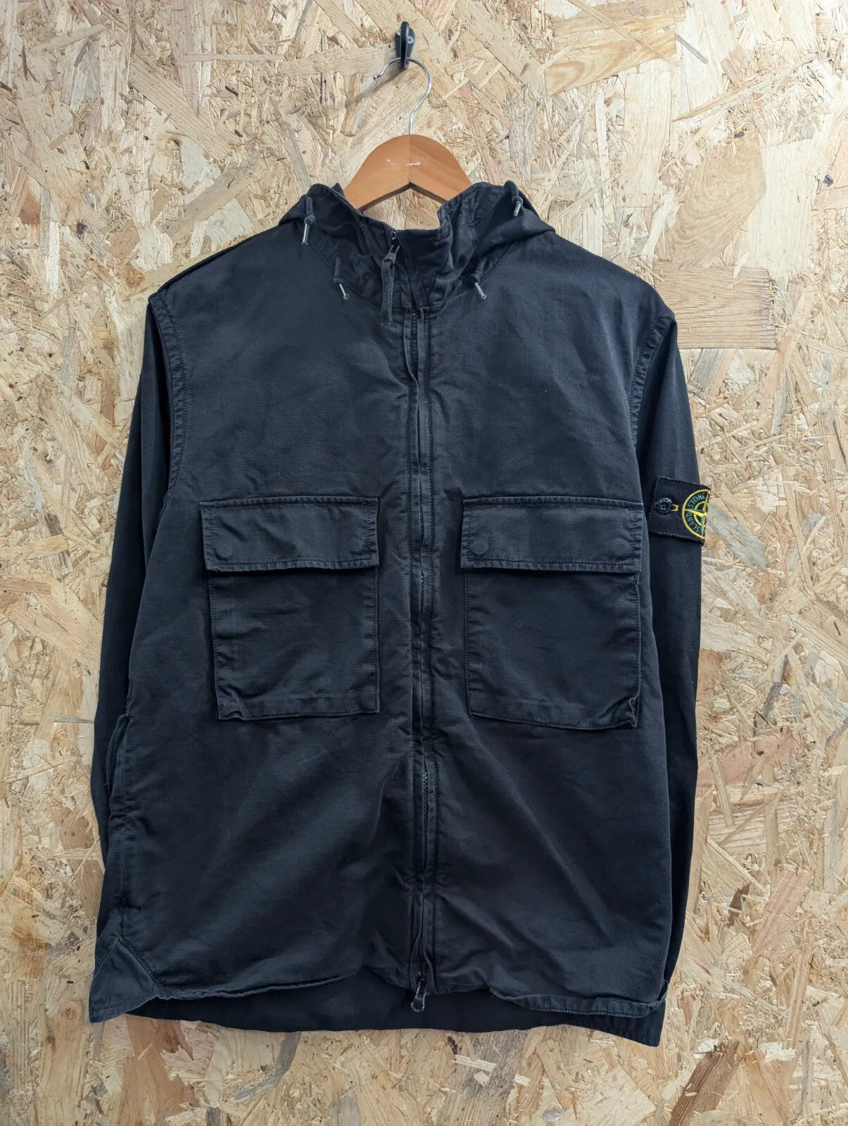 Stone Island Multi Pocket Thick Cotton Hooded Overshirt Mens Medium Black Canvas
