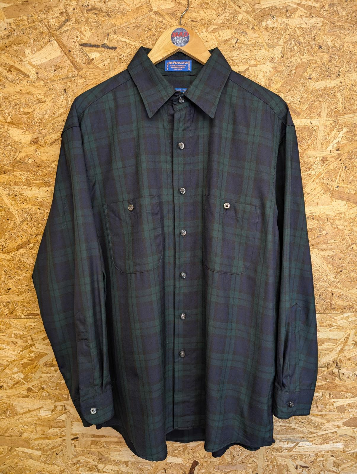 Sir Pendleton Shirt Mens Size Large Navy Blue Green Check Plaid Wool Tartan USA