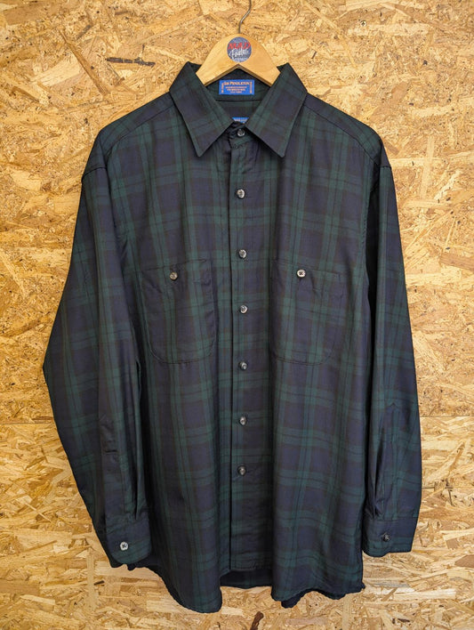 Sir Pendleton Shirt Mens Size Large Navy Blue Green Check Plaid Wool Tartan USA