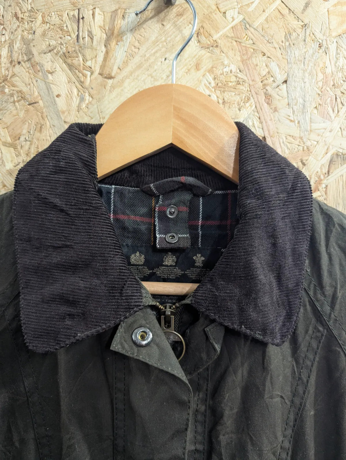 Barbour Beadnell Wax Jacket Womens UK8 Dark Olive Green Cotton Tartan Liner Cord