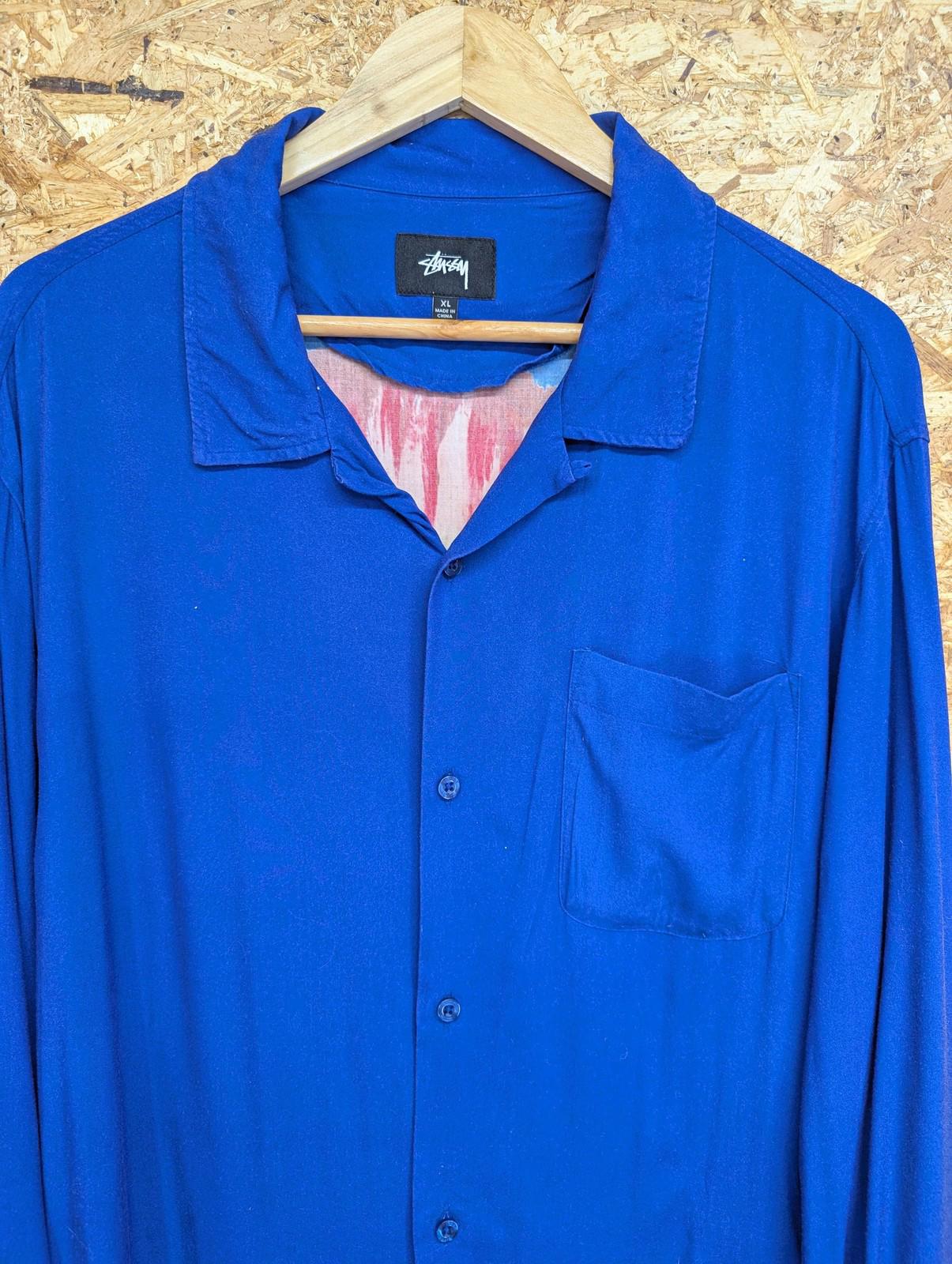 Stussy Button-Up Shirt XL Floral Graphic Blue Rayon Mens Skate Y2K Long Sleeve