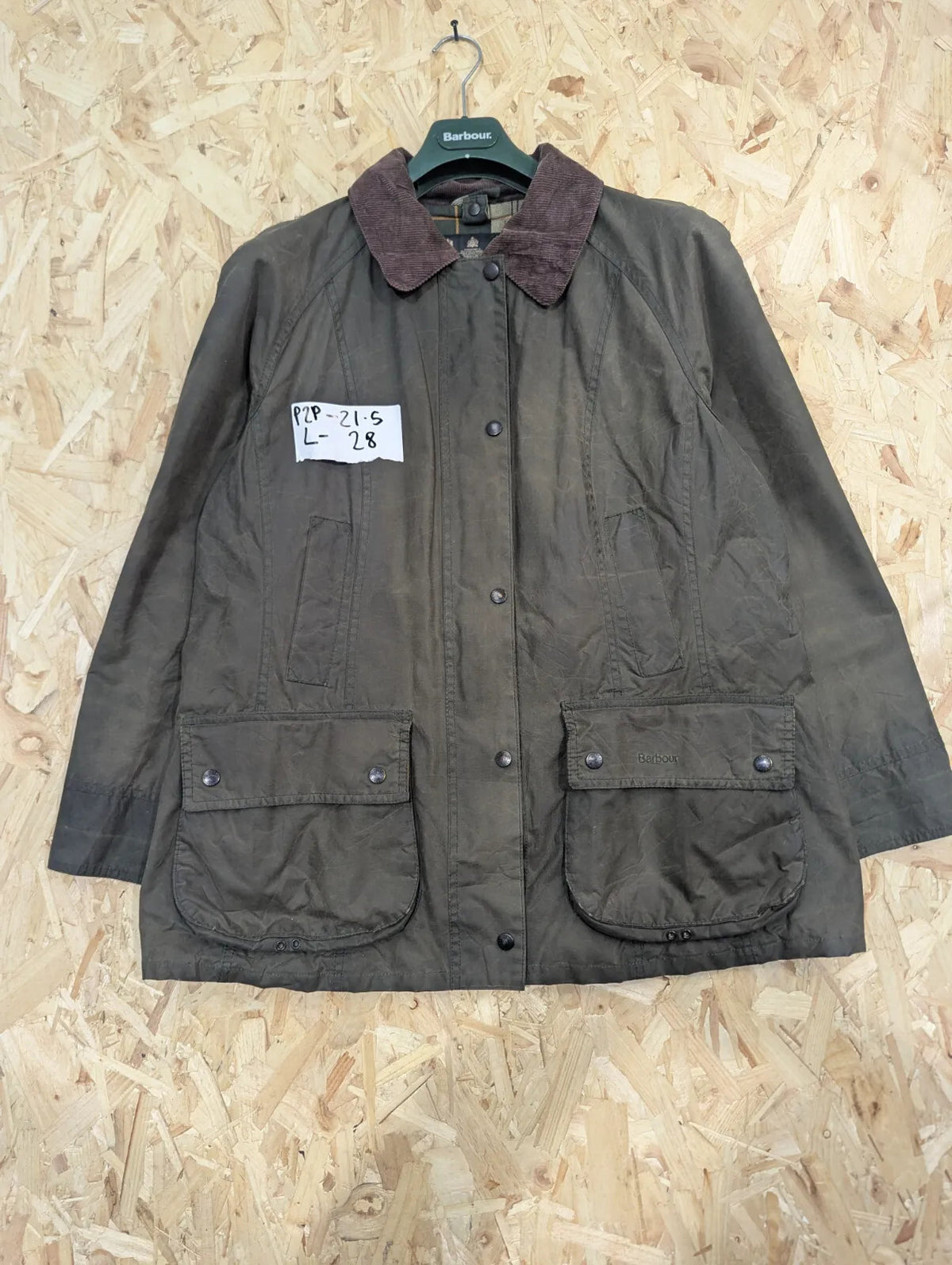 Barbour Beadnell Wax Jacket Womens UK16 Green Cotton Tartan Lining Cord Collar