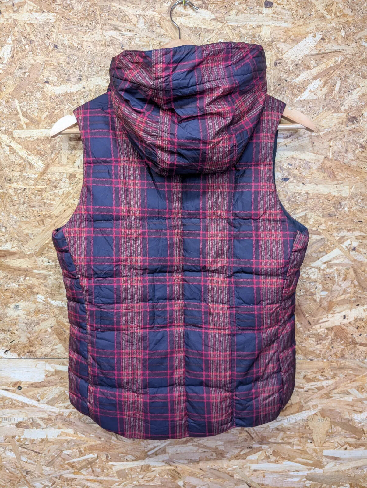Patagonia Down With It Vest Womens Small Red Navy Plaid Hooded Gilet Puffer Zip