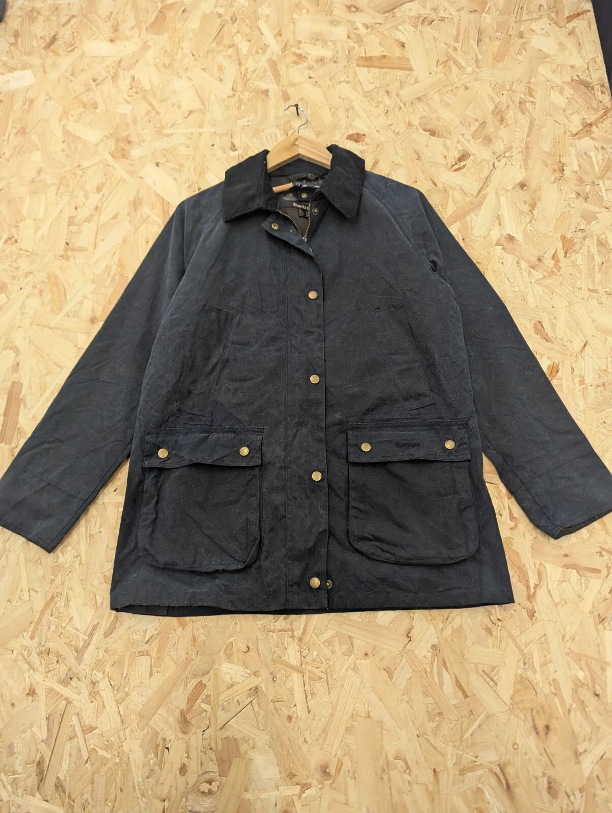 Barbour Acorn Wax Jacket Womens UK12 Black Corduroy Collar Country Tartan