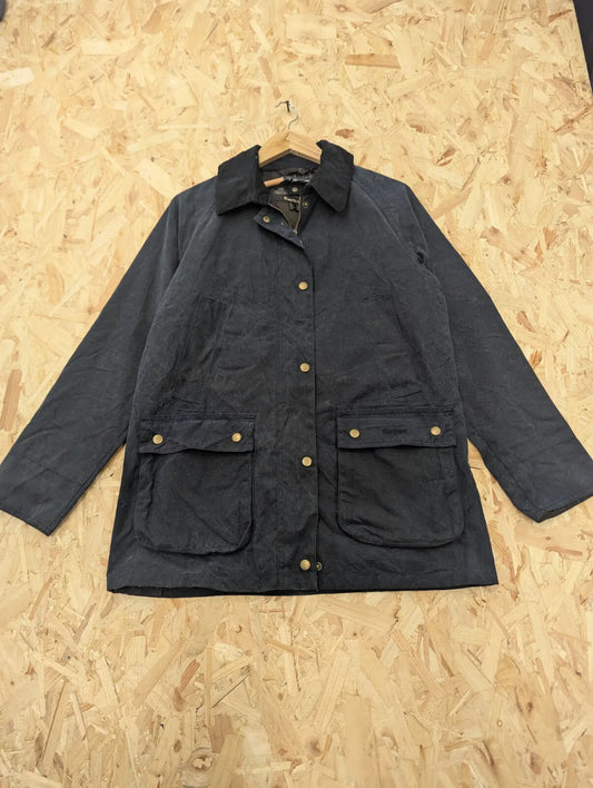 Barbour Acorn Wax Jacket Womens UK12 Black Corduroy Collar Country Tartan