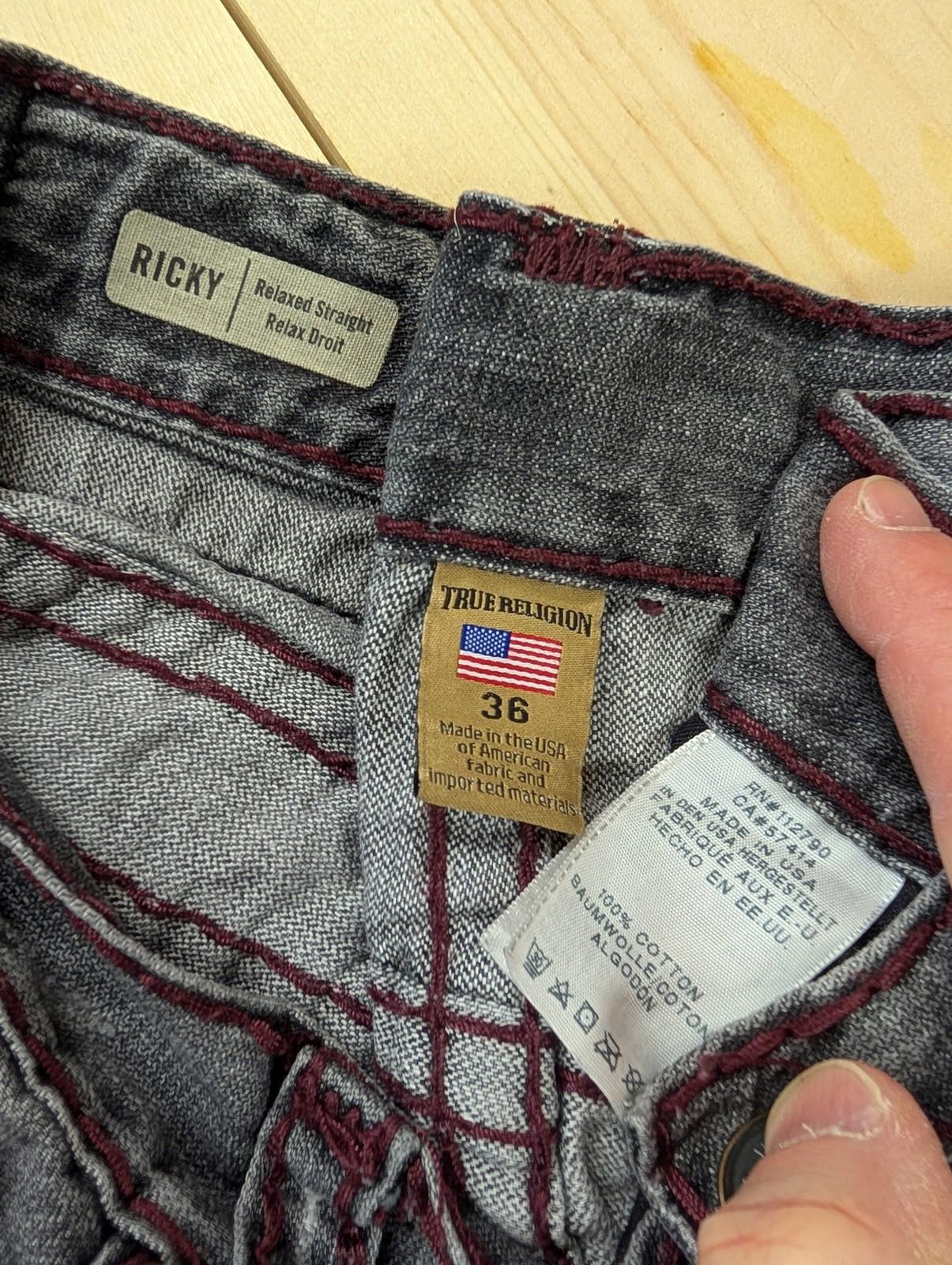 True Religion Ricky Jeans W36 L34 Men Relaxed Straight Distressed Grey Denim