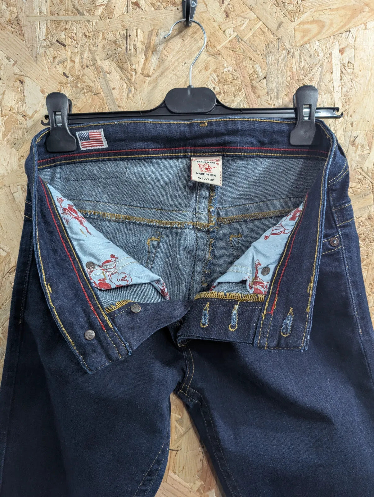True Religion Slim Jeans Mens W32 L32 Navy Blue Straight Denim Button USA Made