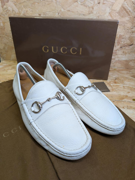 Gucci Loafers Mens 9 UK 43 EU White Full Grain Leather Driving Shoes Buckle