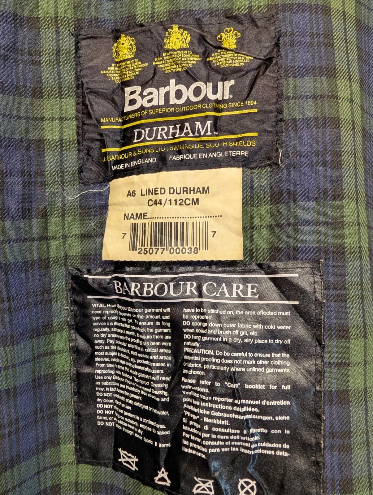 Vintage Barbour Durham Hooded Wax Jacket Mens XL C44 Black A6 Lined 90s England