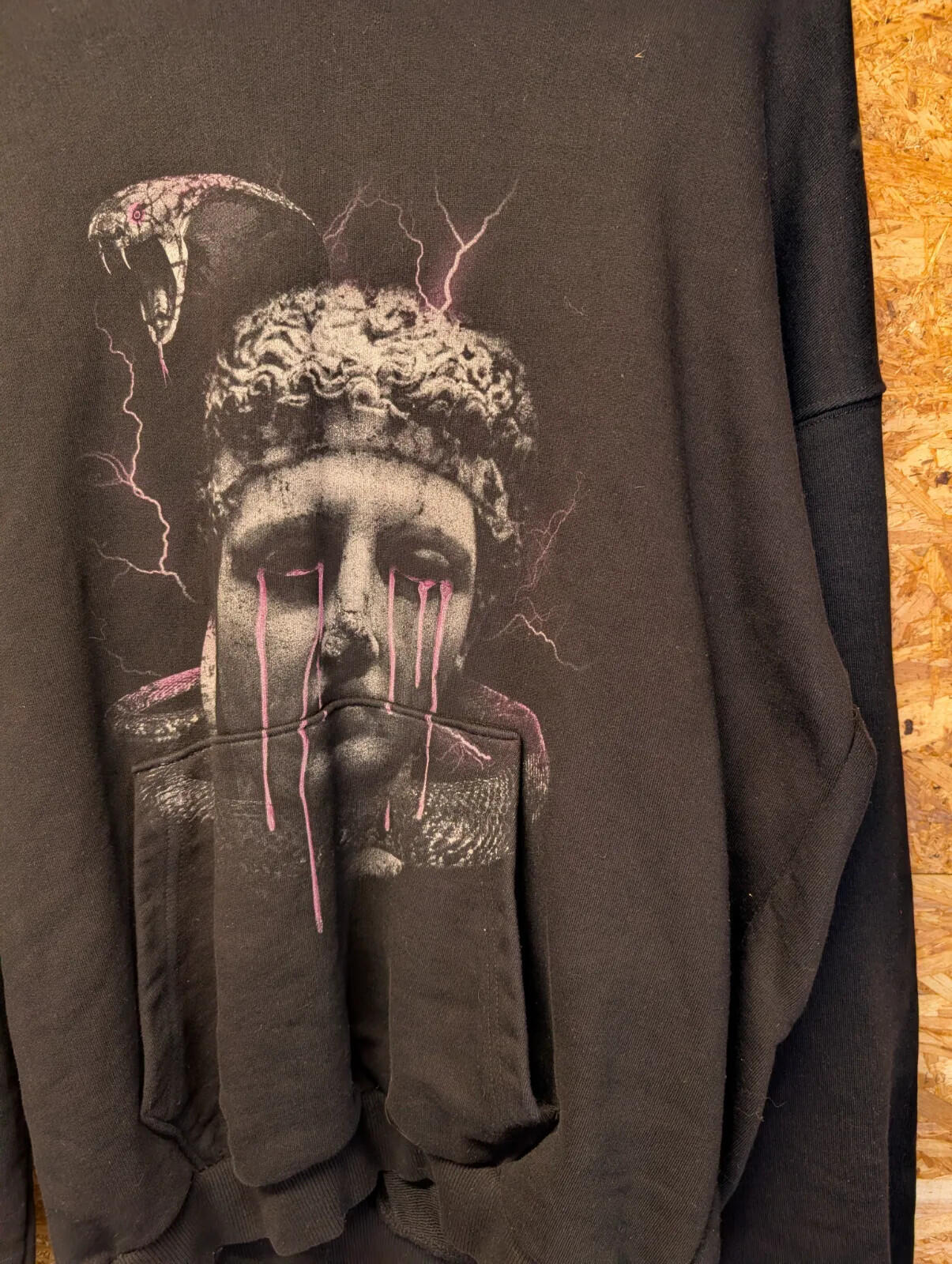 JK Attire Hoodie Mens Large Black Statue Face Graphic Print Pullover Thick Heavy