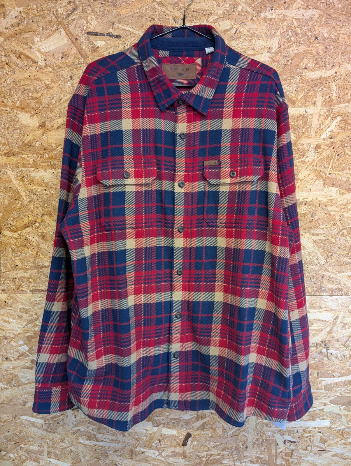 Orvis Flannel Over-Shirt XL Plaid Check Shacket USA Red Blue Beige Hand Pockets