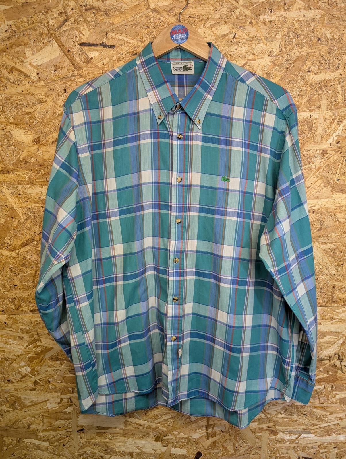 Lacoste Chemise XL Shirt Vintage 80s Long Sleeve Green Blue Check 17.5" Collar