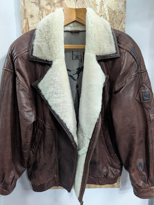 BIG-L Leather Bomber Jacket Mens 2XL Vintage Shearling Lined Brown Flight Aviators Coat