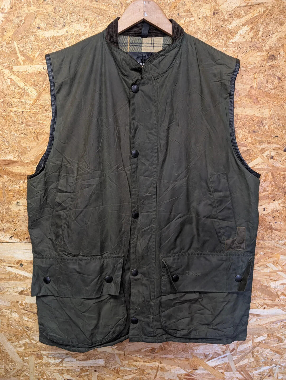 Barbour Westmorland Waxed Gilet Mens Large Olive Green Vest Tartan Bodywarmer