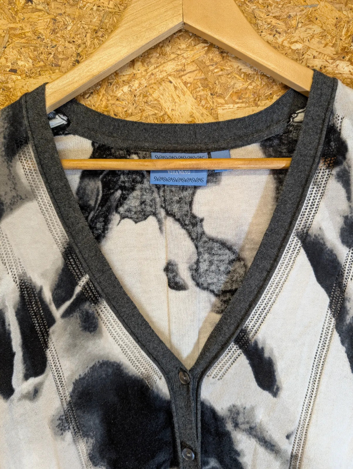 Simply Vera Wang Cardigan Womens XS Black White V-Neck Knitted Abstract Tie-Dye
