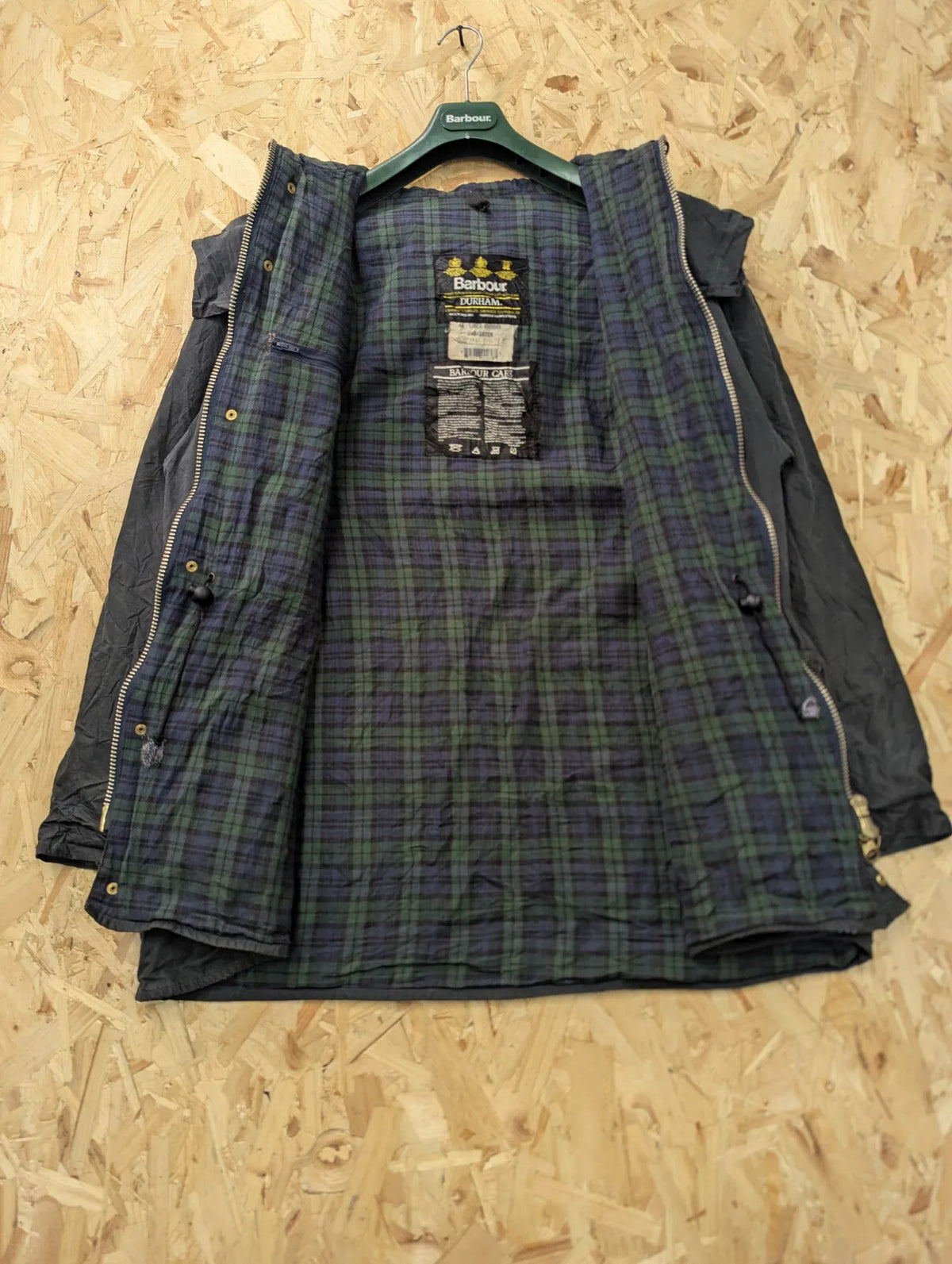 Vintage Barbour Durham Wax Jacket Mens Medium C40 Black A6 Tartan Plaid Hood 90s