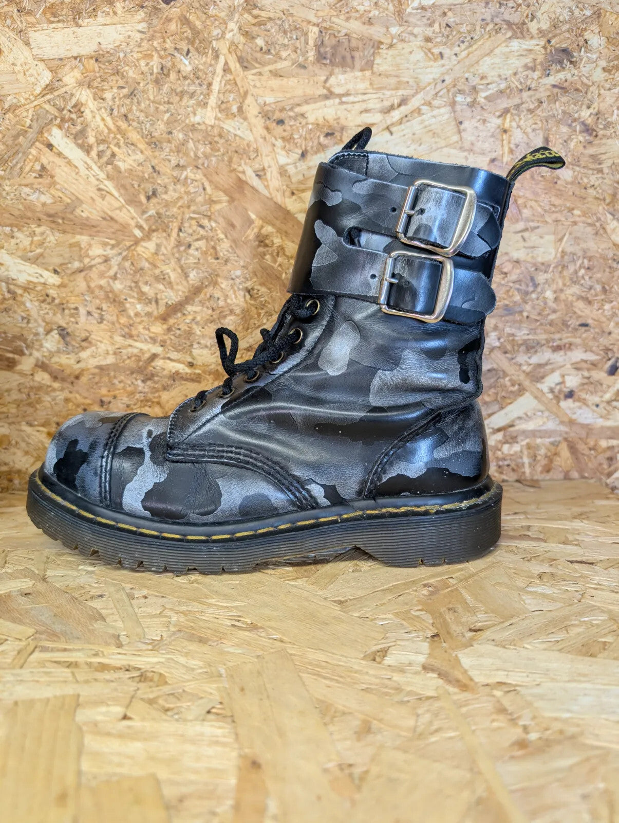 Dr Martens Combat Boots UK 5 Black Silver Leather Camouflage Buckle England Made