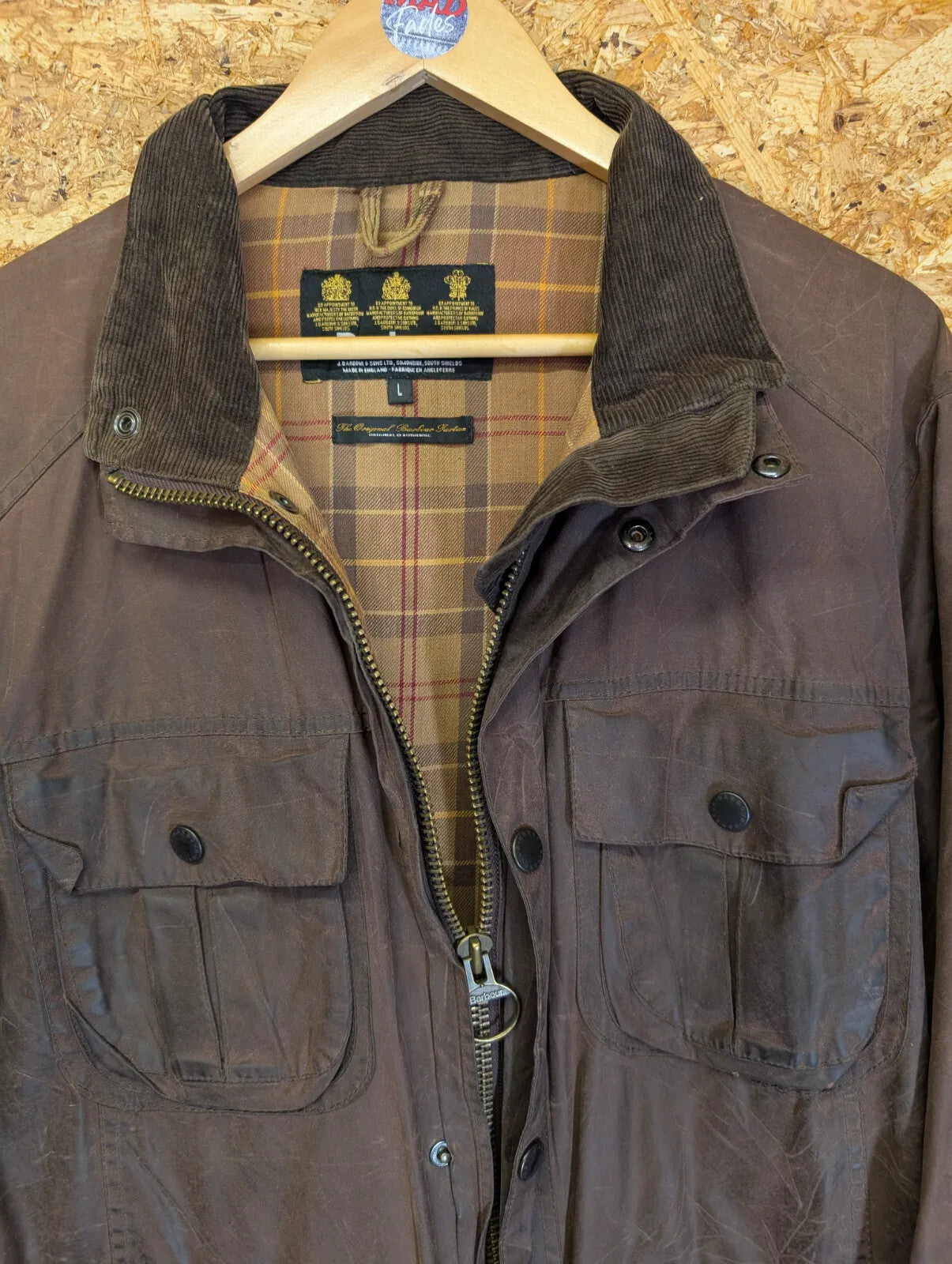 Barbour A417 Utility Wax Jacket Mens Large Brown Cotton Cord Collar Pockets