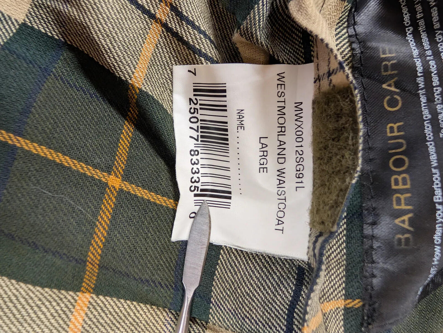 Barbour Westmorland Waxed Gilet Mens Large Olive Green Vest Tartan Bodywarmer