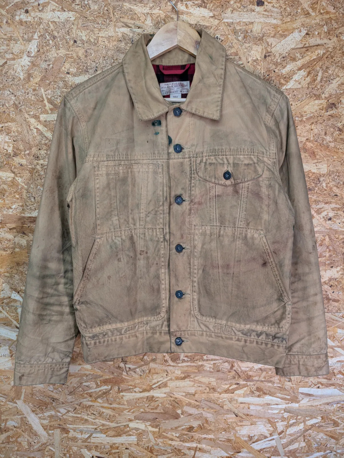 Filson Short Lined Cruiser Jacket Mens Small Tan Cotton Checked USA Made