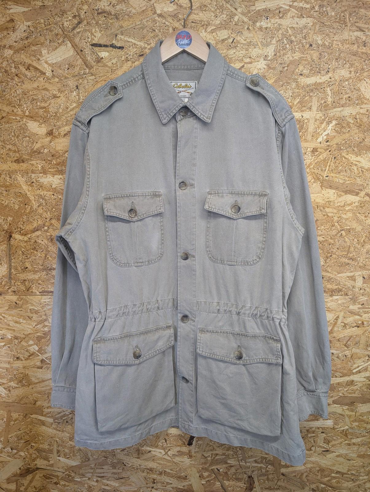 Cabelas Safari Chore Jacket Large Men USA Button Pockets Epaulettes Grey Khaki