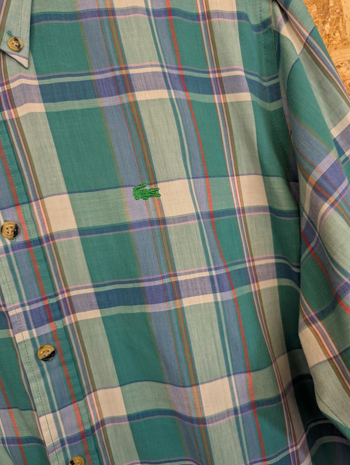 Lacoste Chemise XL Shirt Vintage 80s Long Sleeve Green Blue Check 17.5" Collar