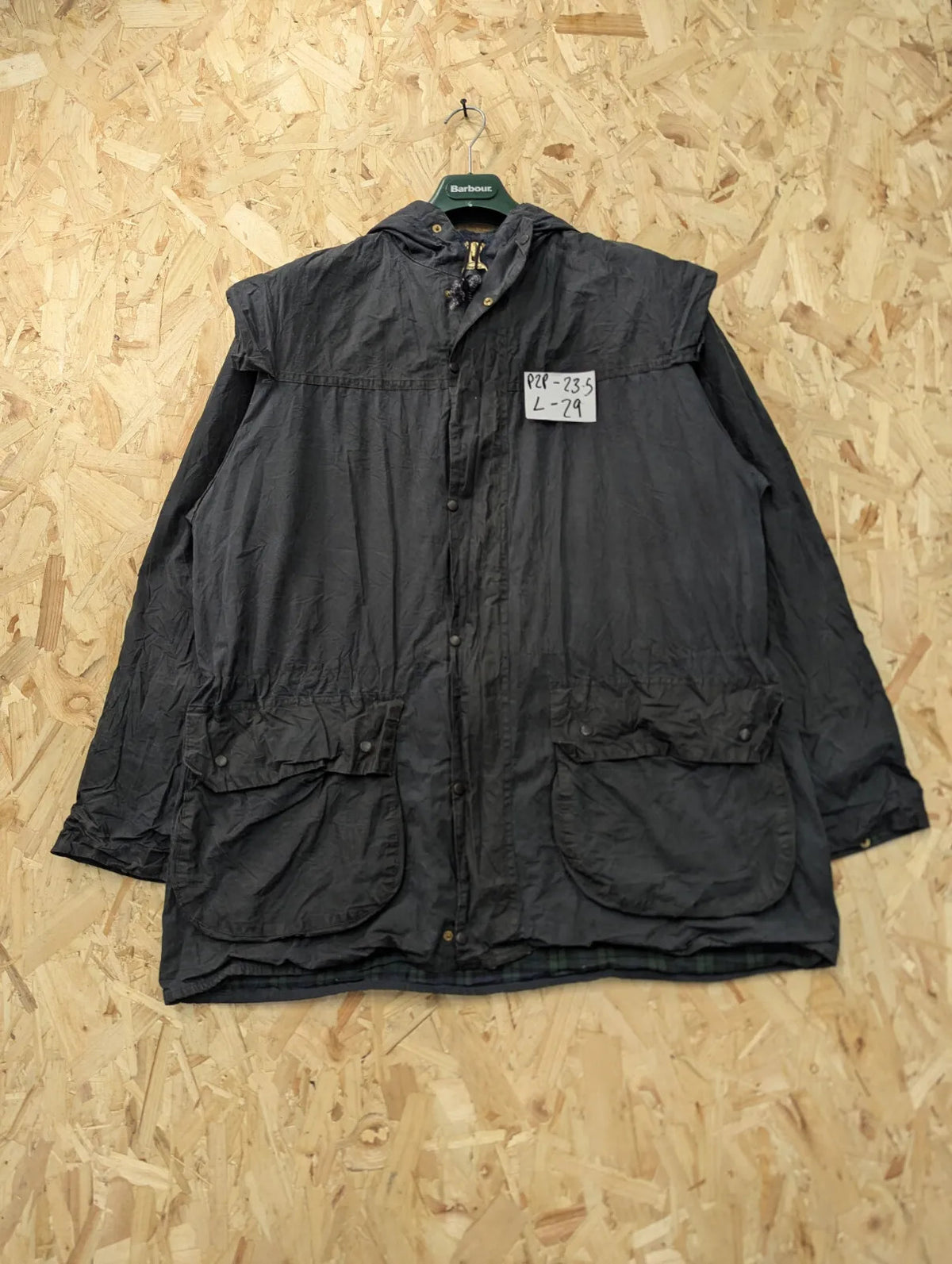 Vintage Barbour Durham Wax Jacket Mens Medium C40 Black A6 Tartan Plaid Hood 90s