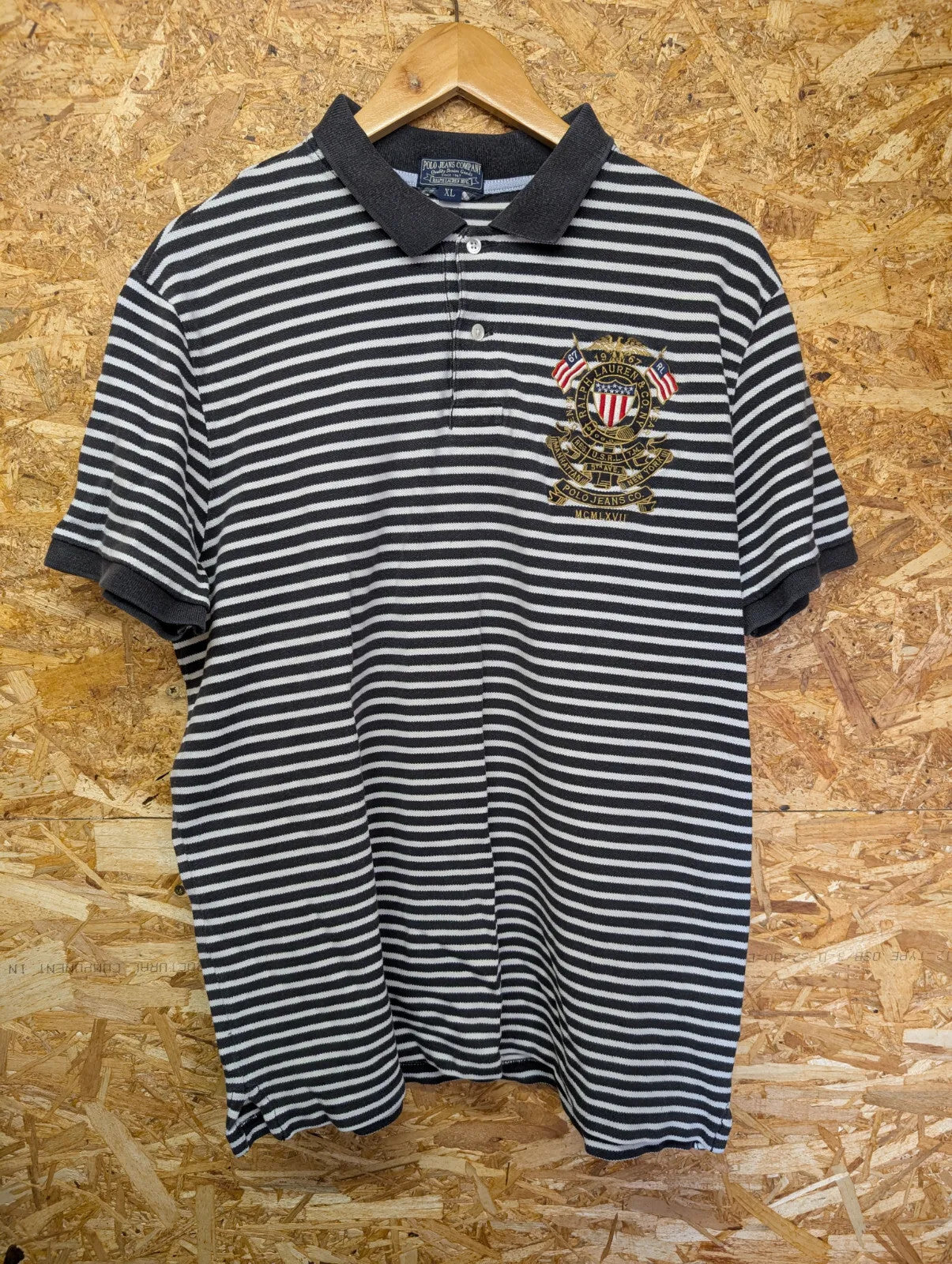 Vintage Ralph Lauren Polo Shirt Men XL Black White Embroidered Cotton Stripe 90s