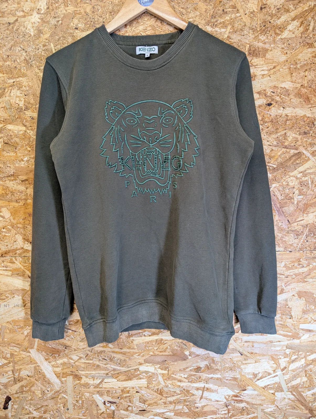 Kenzo Crew Neck Sweatshirt Mens Medium Olive Green Raised Tiger Graphic Logo