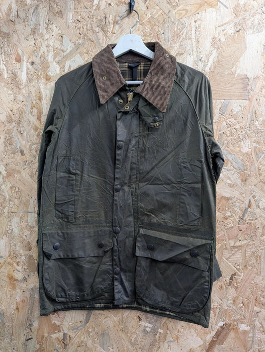 Vintage Barbour Beaufort Wax Jacket Mens Small Olive Green Cord Collar England