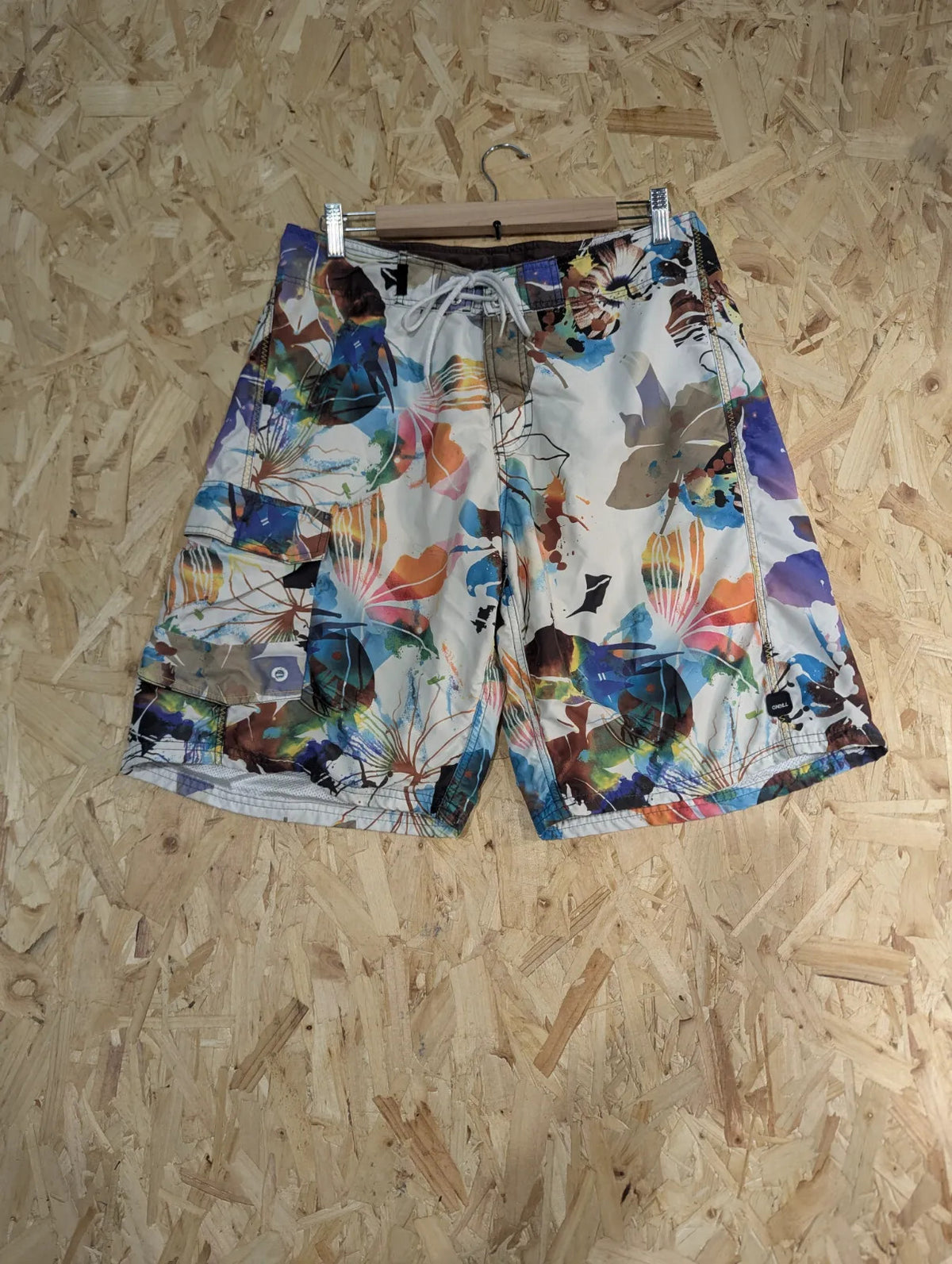 O'Neill Board Shorts Mens W33 White Vintage Y2K Abstract Floral Print Swim Surf
