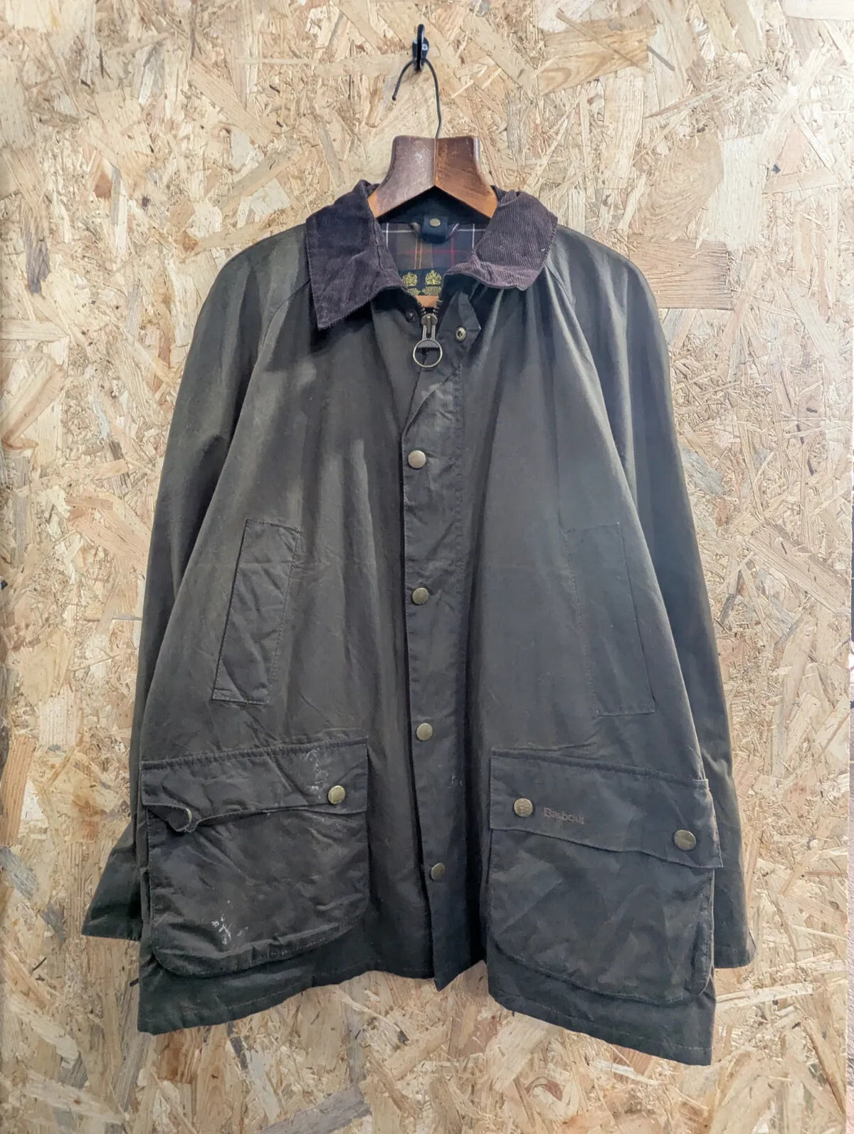 Barbour Ashby Wax Jacket Mens XL Green Cotton Tartan Lined Cord Collar England