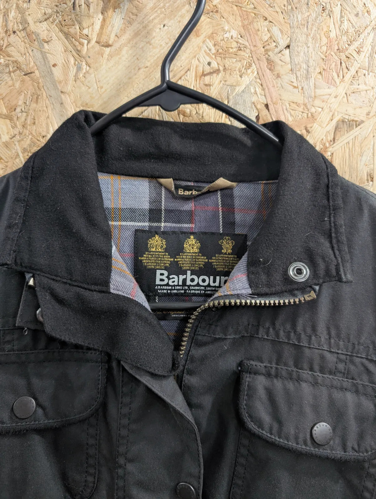 Barbour Utility Jacket Womens UK16 Black Waxed Cotton Plaid Waterproof Pockets